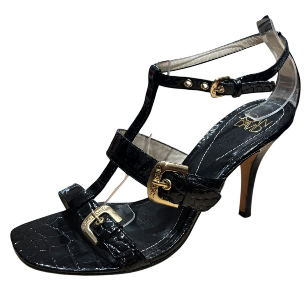 Joan & David Hera Croc Embossed Leather Strappy Heeled Sandal 7 Gold Buckle Glam